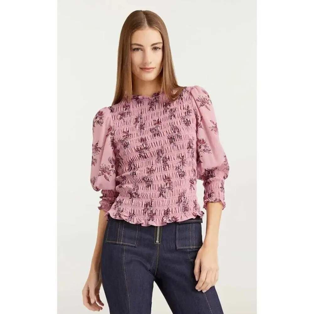 Cinq a Sept Pink Floral Smocked Chiffon Blouse